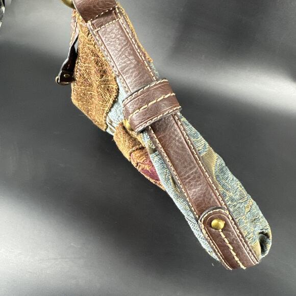 Vintage Fossil Tapestry Brown Purple & Blue Crossbody Purse Bag Leather Trim - Picture 13 of 14